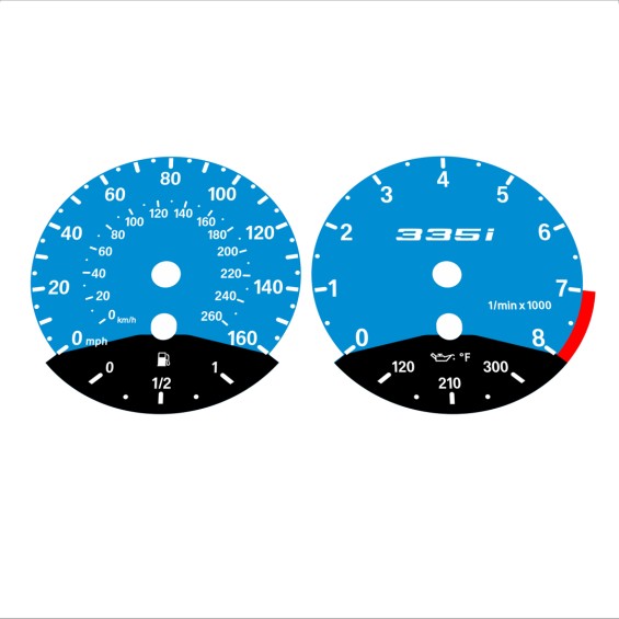 BMW E90 E92 335i 160 MPH+km/h Blue - Black Bottom - 105